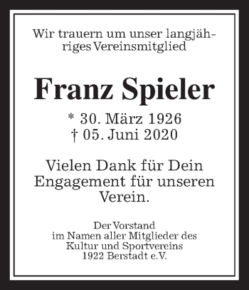 Traueranzeige von Franz Spieler von Wetterauer Zeitung