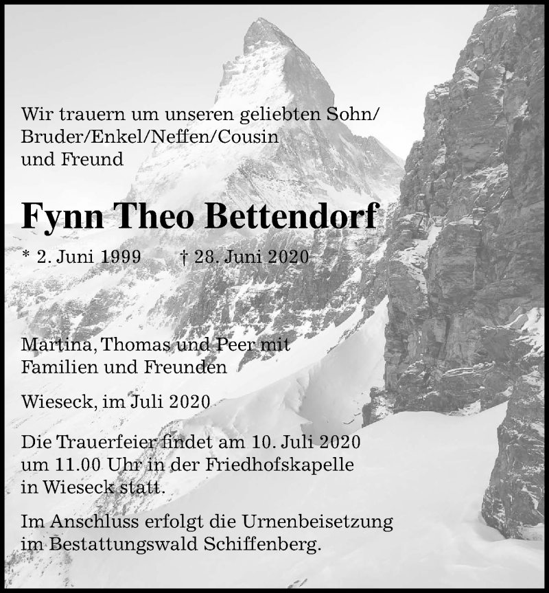  Traueranzeige für Fynn Theo Bettendorf vom 04.07.2020 aus Giessener Allgemeine, Alsfelder Allgemeine