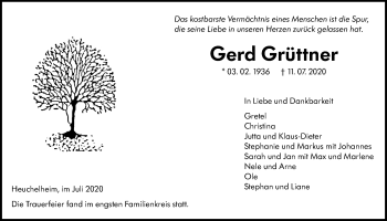 Traueranzeige von Gerd Grüttner von Giessener Allgemeine, Alsfelder Allgemeine