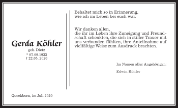 Traueranzeige von Gerda Köhler von Giessener Allgemeine, Alsfelder Allgemeine