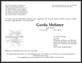 Traueranzeige von Gerda Meßmer von Giessener Allgemeine, Alsfelder Allgemeine