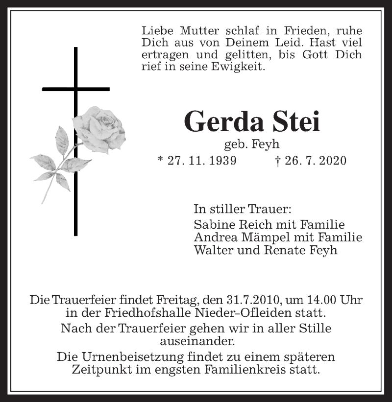  Traueranzeige für Gerda Stei vom 29.07.2020 aus Alsfelder Allgemeine