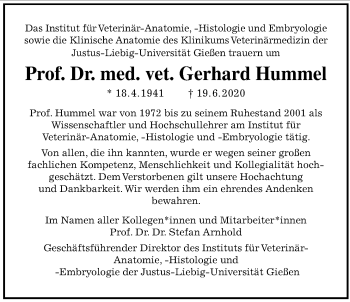 Traueranzeige von Gerhard Hummel von Giessener Allgemeine, Alsfelder Allgemeine