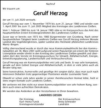 Traueranzeige von Gerulf Herzog von Giessener Allgemeine, Alsfelder Allgemeine