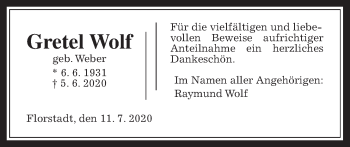 Traueranzeige von Gretel Wolf von Wetterauer Zeitung