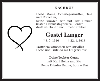 Traueranzeige von Gustel Langer von Wetterauer Zeitung