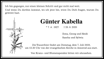 Traueranzeige von Günter Kabella von Giessener Allgemeine, Alsfelder Allgemeine