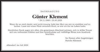 Traueranzeige von Günter Klement von Giessener Allgemeine, Alsfelder Allgemeine