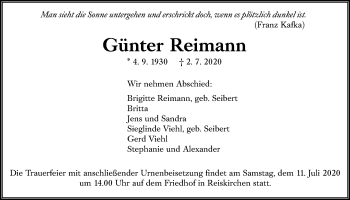 Traueranzeige von Günter Reimann von Giessener Allgemeine, Alsfelder Allgemeine