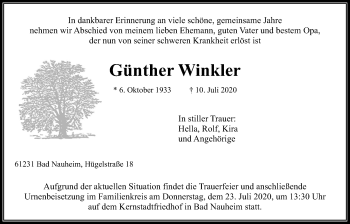 Traueranzeige von Günther Winkler von Wetterauer Zeitung