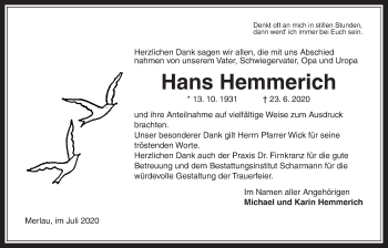 Traueranzeige von Hans Hemmerich von Giessener Allgemeine, Alsfelder Allgemeine
