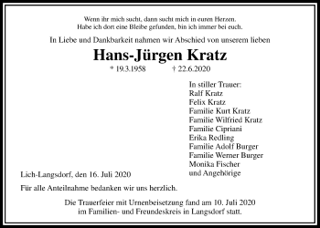 Traueranzeige von Hans-Jürgen Kratz von Licher Wochenblatt