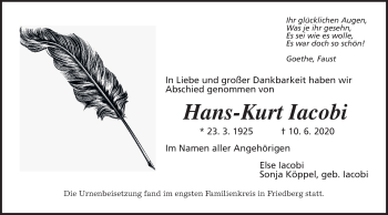 Traueranzeige von Hans-Kurt Iacobi von Wetterauer Zeitung