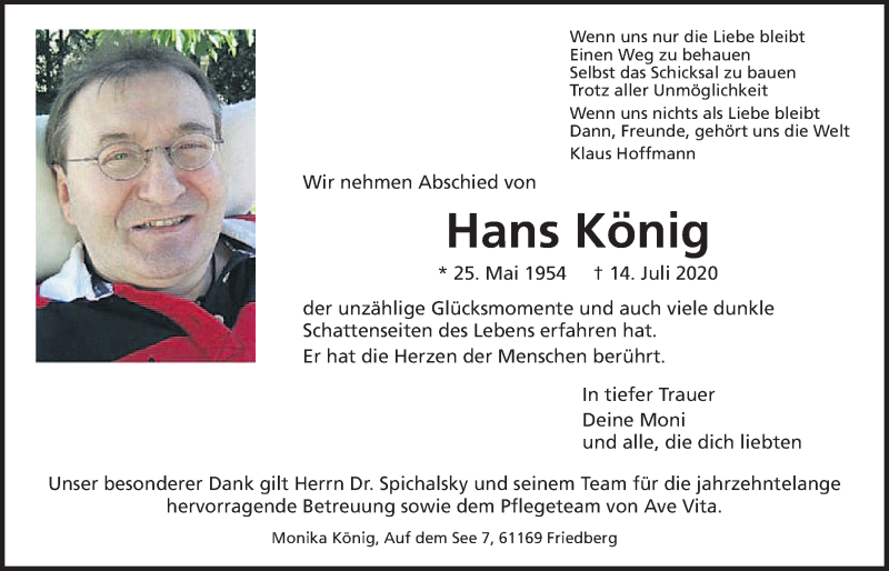  Traueranzeige für Hans König vom 18.07.2020 aus Wetterauer Zeitung