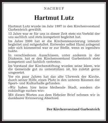 Traueranzeige von Harmut Lutz von Pohlheimer Nachrichten
