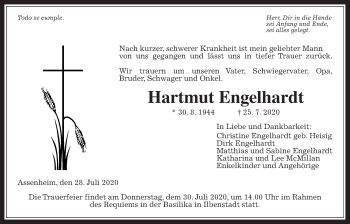 Traueranzeige von Hartmut Engelhardt von Wetterauer Zeitung