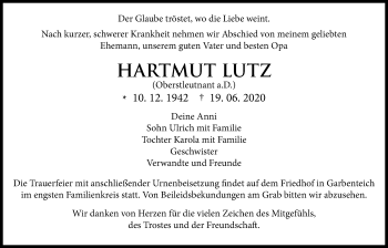 Traueranzeige von Hartmut Lutz von Pohlheimer Nachrichten