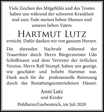 Traueranzeige von Hartmut Lutz von Pohlheimer Nachrichten