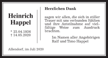 Traueranzeige von Heinrich Happel von Allendorfer Mitteilungen