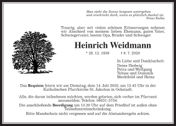 Traueranzeige von Heinrich Weidmann von Wetterauer Zeitung