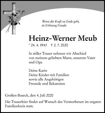Traueranzeige von Heinz-Werner Meub von Giessener Allgemeine, Alsfelder Allgemeine