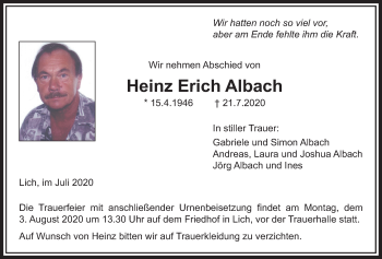 Traueranzeige von Heinz Erich Albach von Licher Wochenblatt