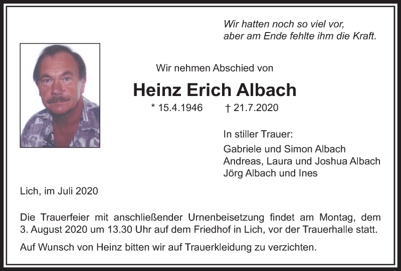  Traueranzeige für Heinz Erich Albach vom 30.07.2020 aus Licher Wochenblatt