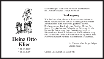 Traueranzeige von Heinz Otto Klier von Giessener Allgemeine, Alsfelder Allgemeine