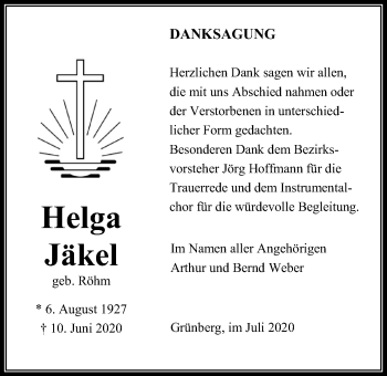 Traueranzeige von Helga Jäkel von Giessener Allgemeine, Alsfelder Allgemeine