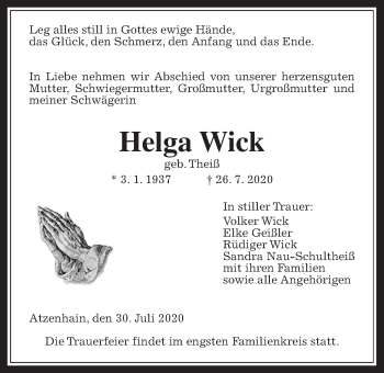 Traueranzeige von Helga Wick von Mücker Stimme