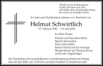 Traueranzeige von Helmut Schwirtlich von Bad Vilbel/Karben