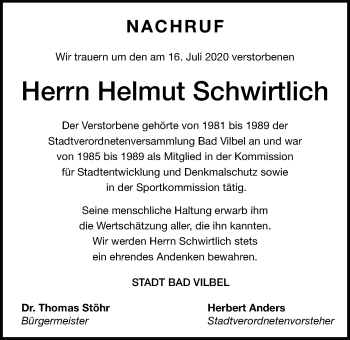 Traueranzeige von Helmut Schwirtlich von Bad Vilbel/Karben
