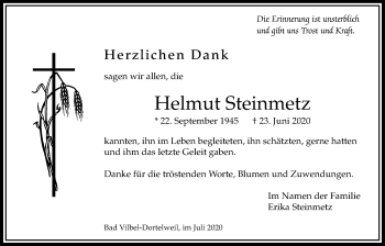 Traueranzeige von Helmut Steinmetz von Bad Vilbel/Karben