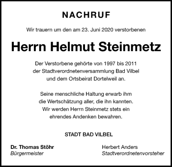 Traueranzeige von Helmut Steinmetz von Bad Vilbel/Karben