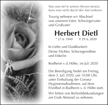 Traueranzeige von Herbert Dietl von Wetterauer Zeitung