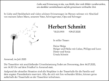 Traueranzeige von Herbert Schmitt von Giessener Allgemeine, Alsfelder Allgemeine