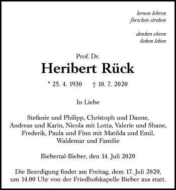 Traueranzeige von Heribert Rück von Giessener Allgemeine, Alsfelder Allgemeine