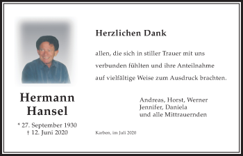 Traueranzeige von Hermann Hansel von Bad Vilbel/Karben