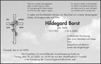 Traueranzeige von Hildegard Borst von Wetterauer Zeitung