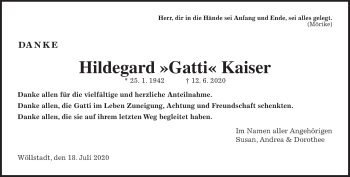 Traueranzeige von Hildegard Kaiser von Wetterauer Zeitung