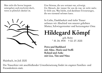 Traueranzeige von Hildegard Kömpf von Alsfelder Allgemeine