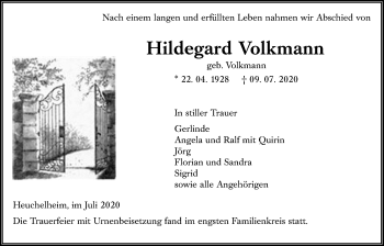 Traueranzeige von Hildegard Volkmann von Giessener Allgemeine, Alsfelder Allgemeine