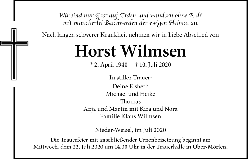  Traueranzeige für Horst Wilmsen vom 18.07.2020 aus Wetterauer Zeitung