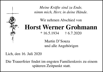 Traueranzeige von Horst Werner Grohmann von Licher Wochenblatt