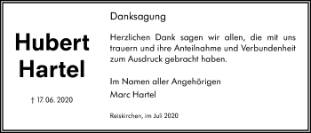 Traueranzeige von Hubert Hartel von Giessener Allgemeine, Alsfelder Allgemeine
