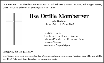 Traueranzeige von Ilse Ottilie Momberger von Giessener Allgemeine, Alsfelder Allgemeine