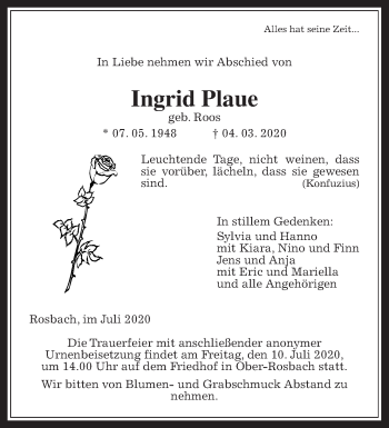 Traueranzeige von Ingrid Plaue von Wetterauer Zeitung