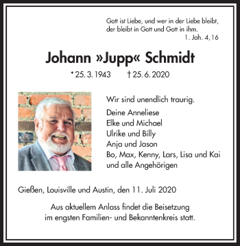 Traueranzeige von Johann Schmidt von Giessener Allgemeine, Alsfelder Allgemeine