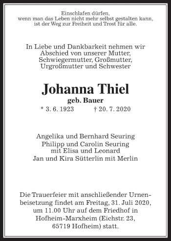 Traueranzeige von Johanna Thiel von Giessener Allgemeine, Alsfelder Allgemeine