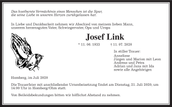 Traueranzeige von Josef Link von Alsfelder Allgemeine